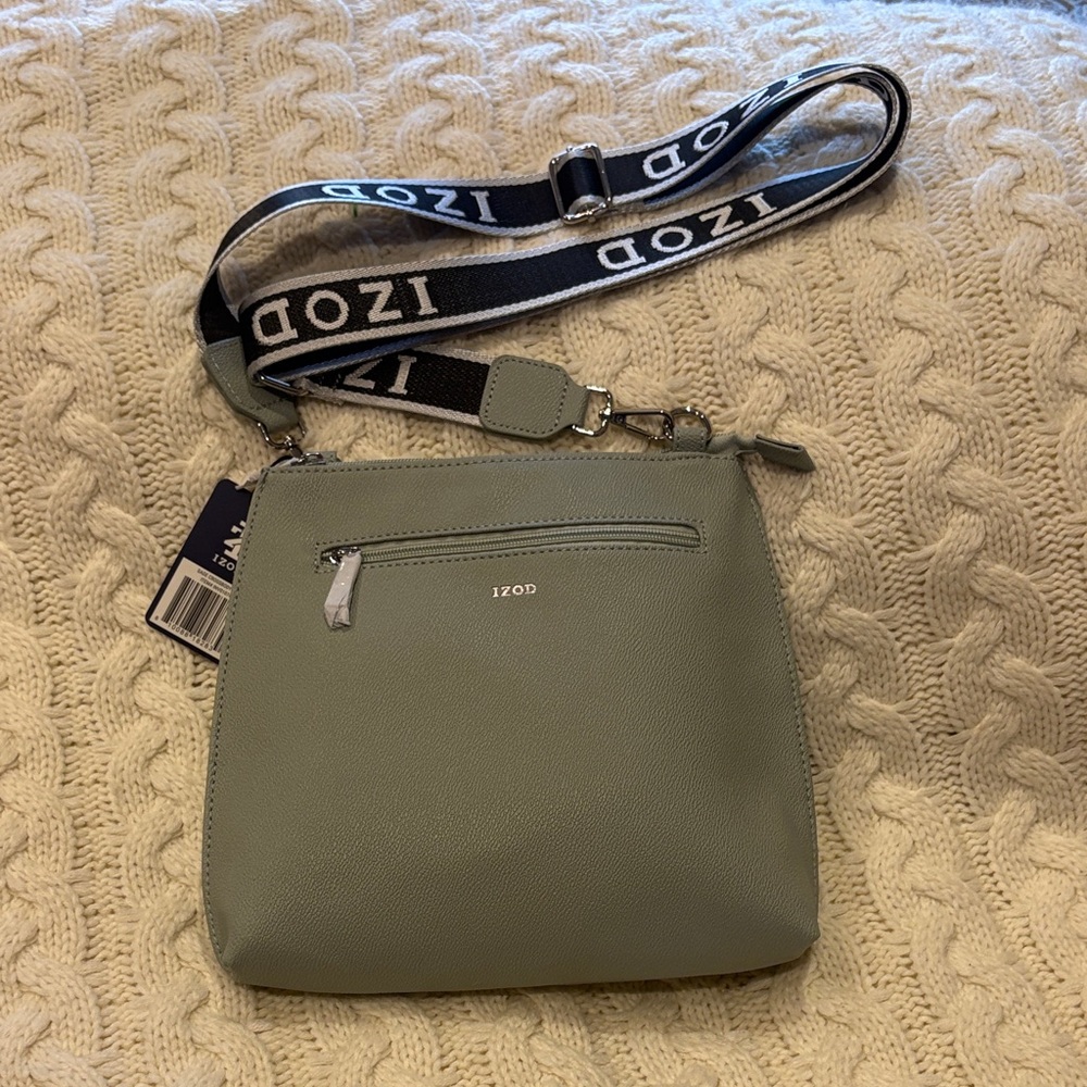 Izod Sage Green Pebbled Crossbody Bag with Logo Strap